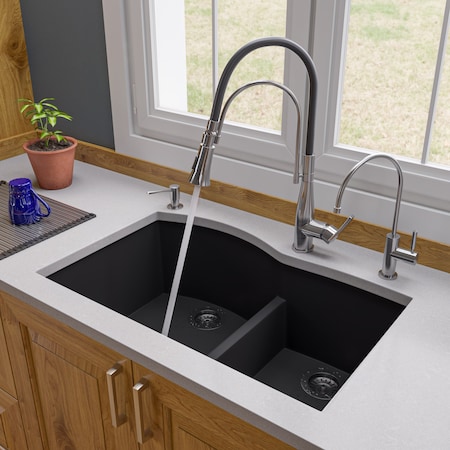 Alfi Brand Black 33" Dbl Bowl Undermount Granite Composite Kitchen Sink AB3320UM-BLA
